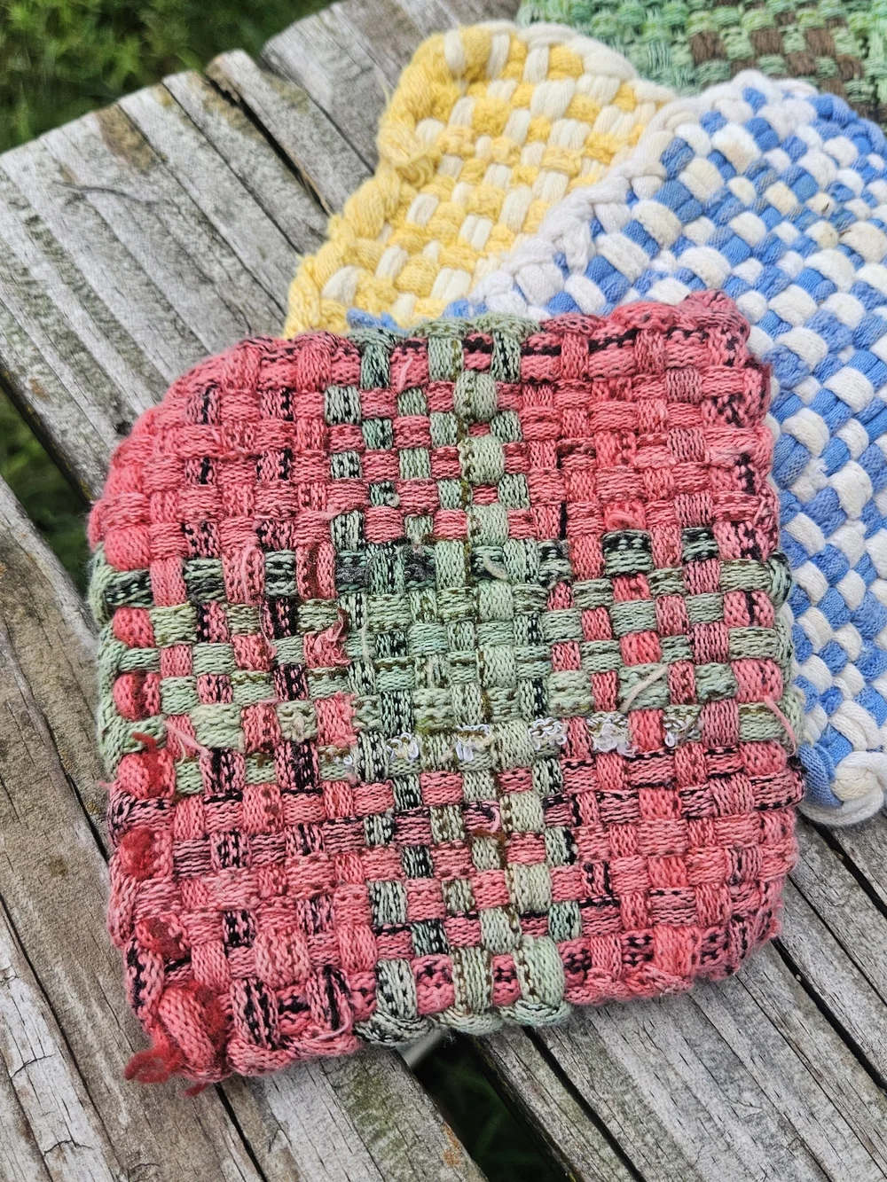 Colorful Handmade Woven Potholders and Hot Pads Made from Cotton Jersey Loops